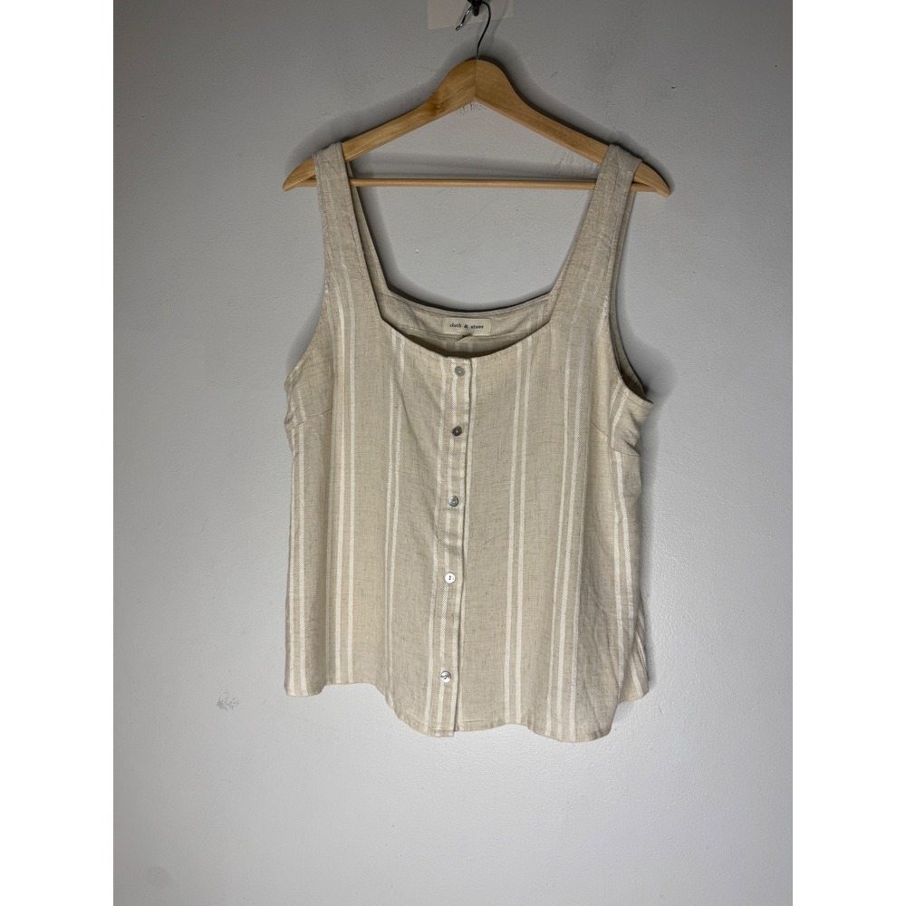Cloth & Stone Womens Beige Striped Button Front Linen Blend Tank Top Large